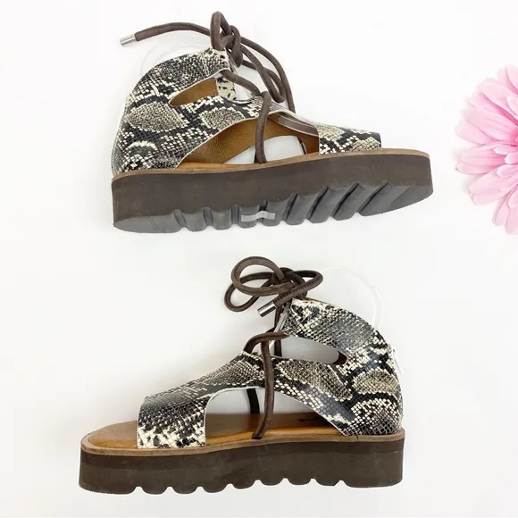 Free People Aubrey Wrap Leather Tie Platform Sandals Snakeskin