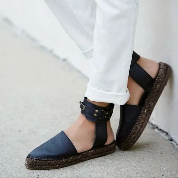 Free People Aurora Espadrilles  | Size 7.5 | Black Leather Boho Sandals