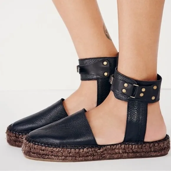 Free People Aurora Espadrilles  | Size 7.5 | Black Leather Boho Sandals