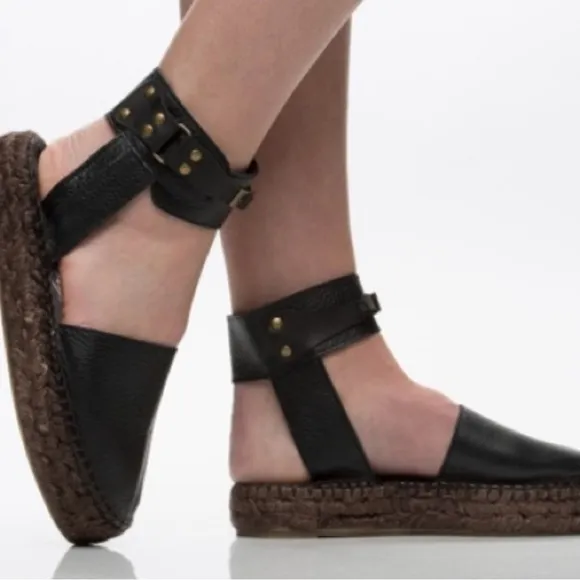Free People Aurora Espadrilles  | Size 7.5 | Black Leather Boho Sandals