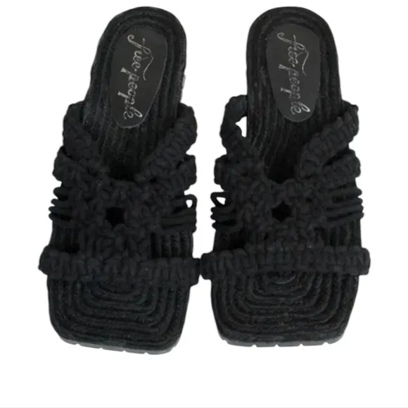 Free People Black Sandri Macrame Sandals slip on crochet bohemian beachy boho