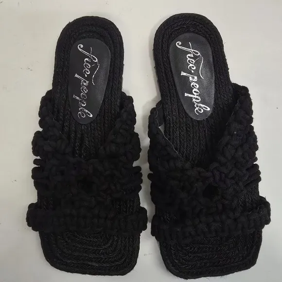 Free People Black Sandri Macrame Sandals slip on crochet bohemian beachy boho