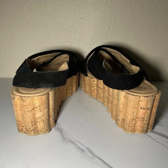 Free People Black Suede Platform Noelle Sandals Cork Heel Size 40 / US 9.5