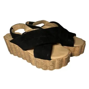 Free People Black Suede Platform Noelle Sandals Cork Heel Size 40 / US 9.5
