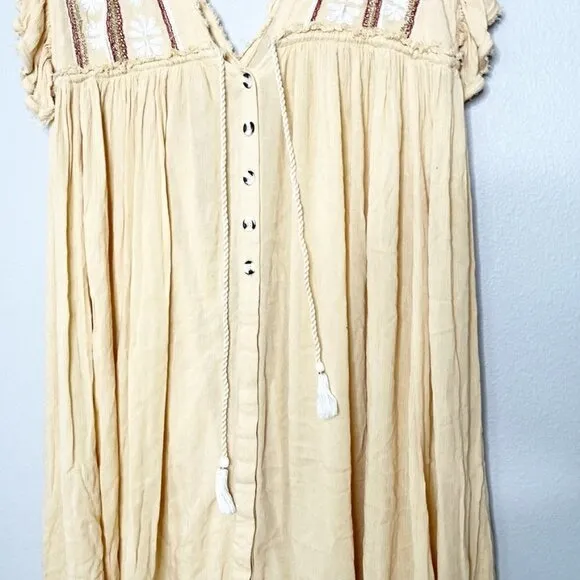 Free People Boho Dreams Deep V Embroidered Creamy Buttercup Midi Dress XS