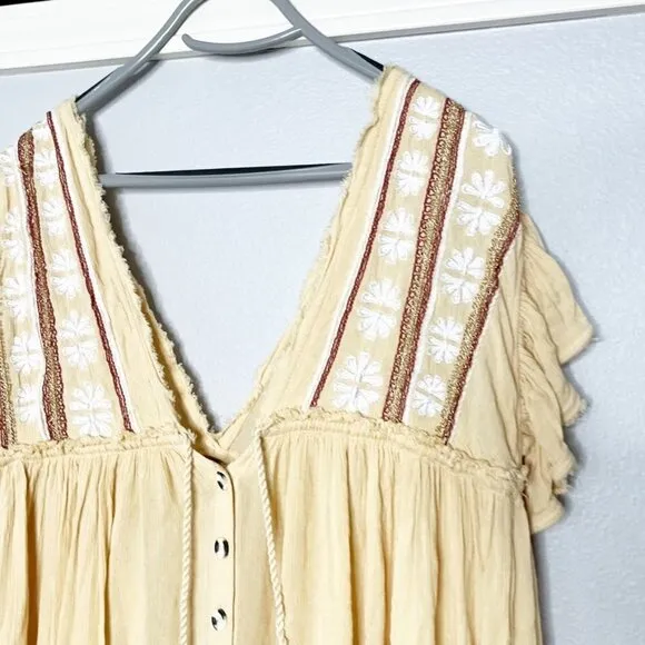 Free People Boho Dreams Deep V Embroidered Creamy Buttercup Midi Dress XS