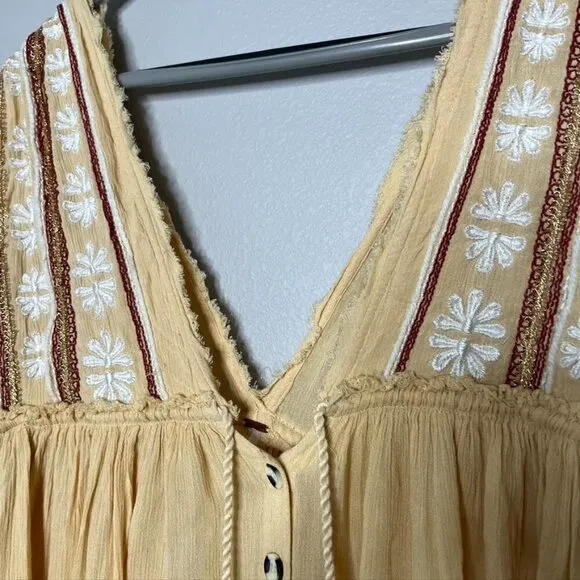 Free People Boho Dreams Deep V Embroidered Creamy Buttercup Midi Dress XS