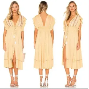 Free People Boho Dreams Deep V Embroidered Creamy Buttercup Midi Dress XS