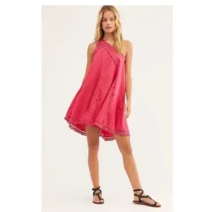 Free People Colorful Pink Boho Chic One Shoulder Mini Tunic Crochet Dress Size S