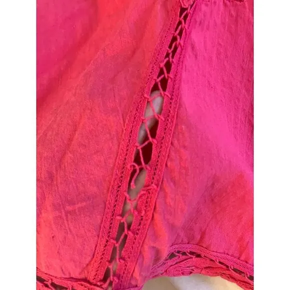 Free People Colorful Pink Boho Chic One Shoulder Mini Tunic Crochet Dress Size S