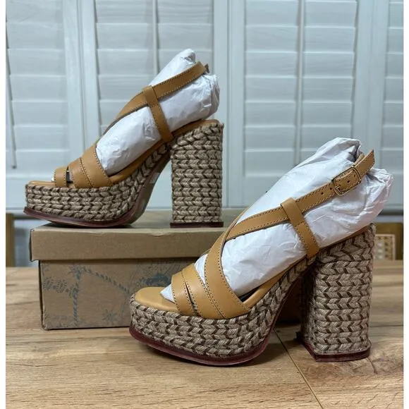 Free People Fahn Jute Platform Sandal Heels Natural Size 6 NIB Earthy Boho Chic