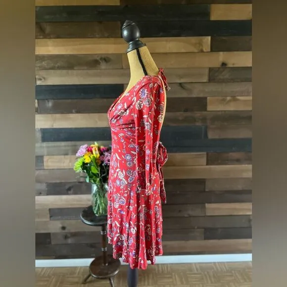 Free People Floral Red 3/4 Sleeve Midi Dress Size Small