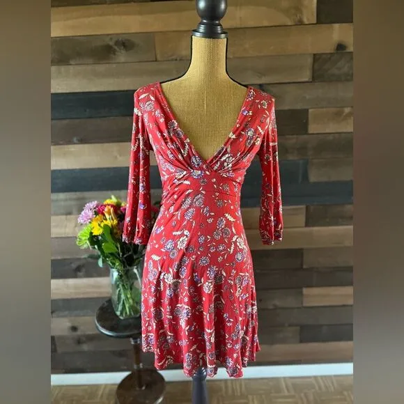 Free People Floral Red 3/4 Sleeve Midi Dress Size Small