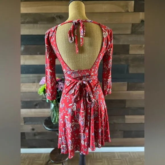 Free People Floral Red 3/4 Sleeve Midi Dress Size Small