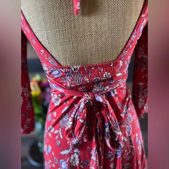 Free People Floral Red 3/4 Sleeve Midi Dress Size Small