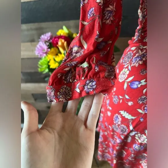 Free People Floral Red 3/4 Sleeve Midi Dress Size Small