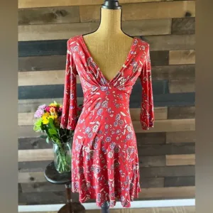 Free People Floral Red 3/4 Sleeve Midi Dress Size Small