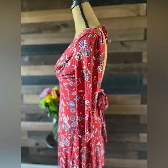 Free People Floral Red 3/4 Sleeve Midi Dress Size Small
