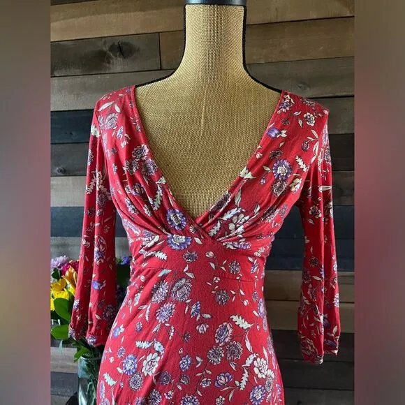 Free People Floral Red 3/4 Sleeve Midi Dress Size Small