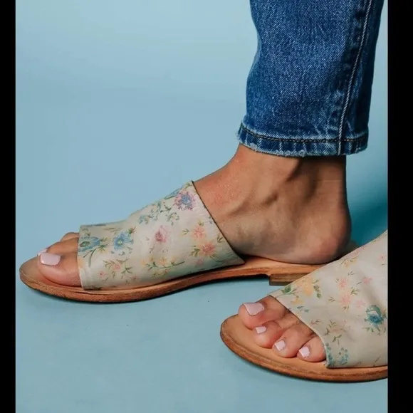 Free People Floral Slides Casual Satin Sandals Women’s BOHO Leather NIB