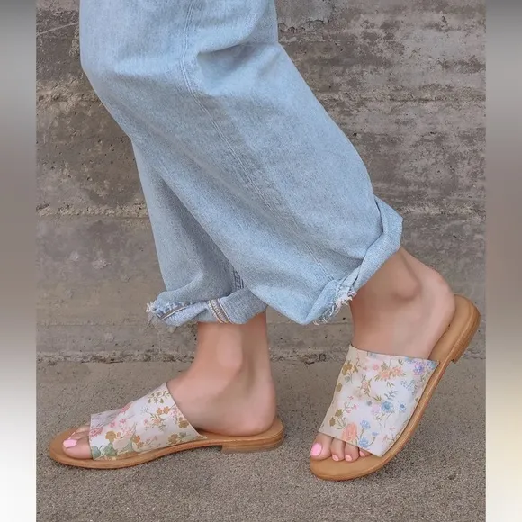 Free People Floral Slides Casual Satin Sandals Women’s BOHO Leather NIB