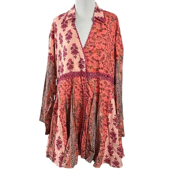 Free People Hazy Baby Printed Mini Dress in Pink Combo Medium Bohemian 70s Retro