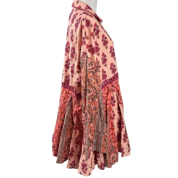 Free People Hazy Baby Printed Mini Dress in Pink Combo Medium Bohemian 70s Retro