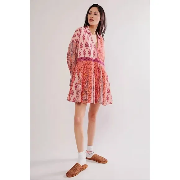 Free People Hazy Baby Printed Mini Dress in Pink Combo Medium Bohemian 70s Retro