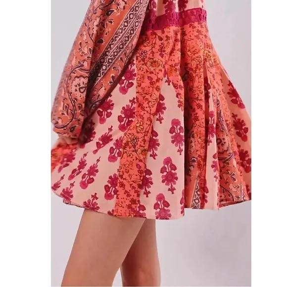 Free People Hazy Baby Printed Mini Dress in Pink Combo Medium Bohemian 70s Retro