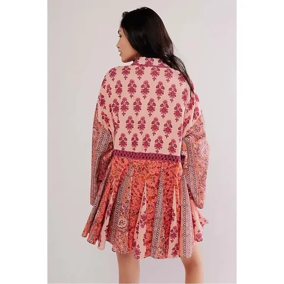 Free People Hazy Baby Printed Mini Dress in Pink Combo Medium Bohemian 70s Retro
