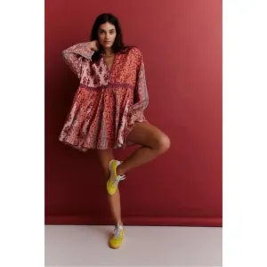 Free People Hazy Baby Printed Mini Dress in Pink Combo Medium Bohemian 70s Retro