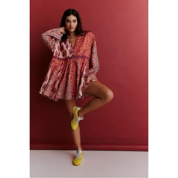 Free People Hazy Baby Printed Mini Dress in Pink Combo Medium Bohemian 70s Retro