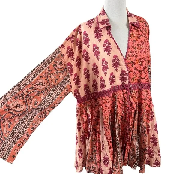 Free People Hazy Baby Printed Mini Dress in Pink Combo Medium Bohemian 70s Retro