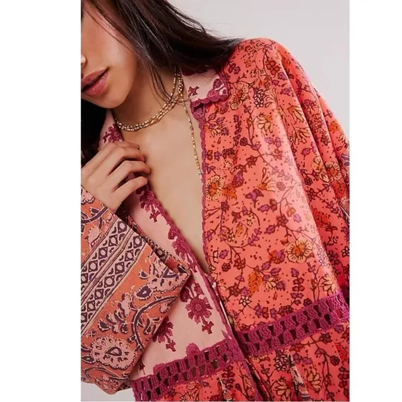Free People Hazy Baby Printed Mini Dress in Pink Combo Medium Bohemian 70s Retro