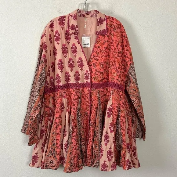 Free People Hazy Baby Printed Mini Dress in Pink Combo Medium Bohemian 70s Retro