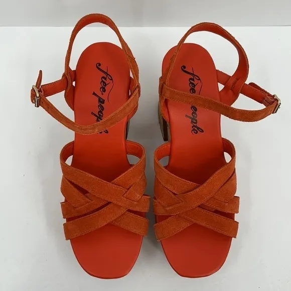 Free People Lisbon platform sandal chunky orange suede cork shoe boho new 40 10