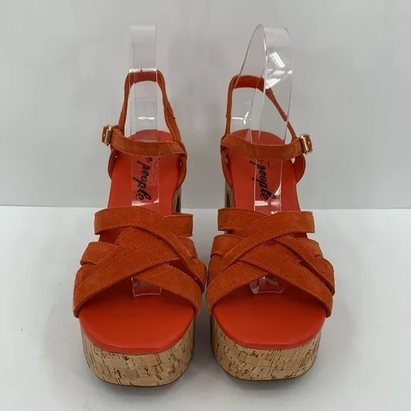 Free People Lisbon platform sandal chunky orange suede cork shoe boho new 40 10