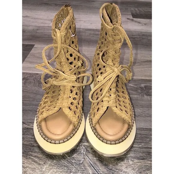 Free People Luca Lace Up Sandals Women's 6‎ Tan Woven Suede Boho Gladiator NIB