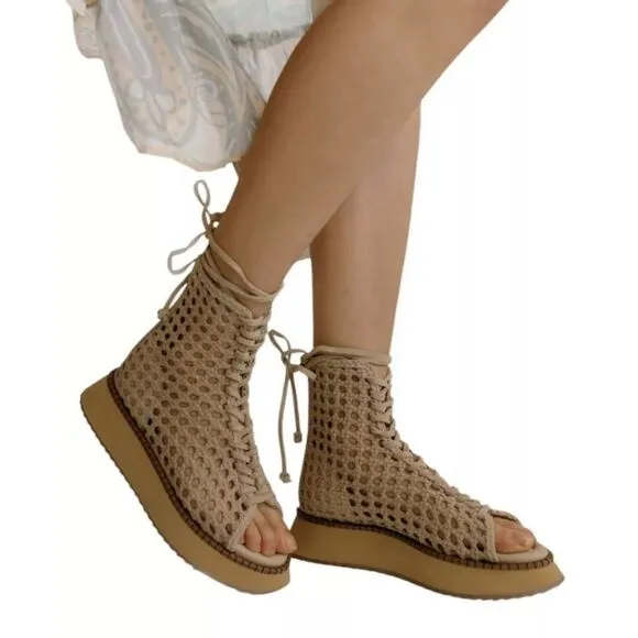Free People Luca Lace Up Sandals Women's 6‎ Tan Woven Suede Boho Gladiator NIB