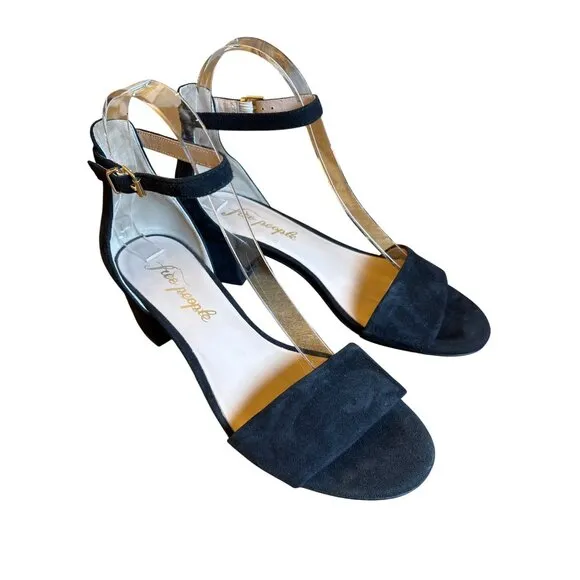 Free People Marigold Size 37 /6.5 Black Suede Block Heel Ankle Strap Boho Indie
