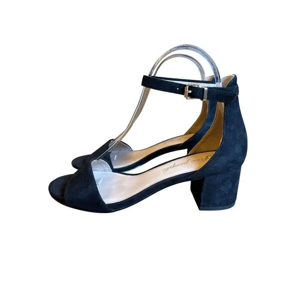 Free People Marigold Size 37 /6.5 Black Suede Block Heel Ankle Strap Boho Indie