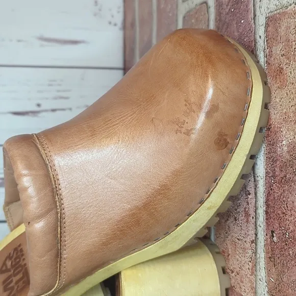 Free People Mia Karma Leather and Wood Clogs Cognac Women's 10