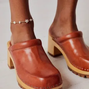Free People Mia Karma Leather and Wood Clogs Cognac Women's 10
