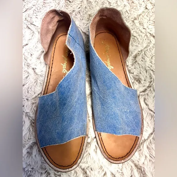 Free People Mont Blanc Boho Minimalist Sandals In Washed Denim Size 7.5