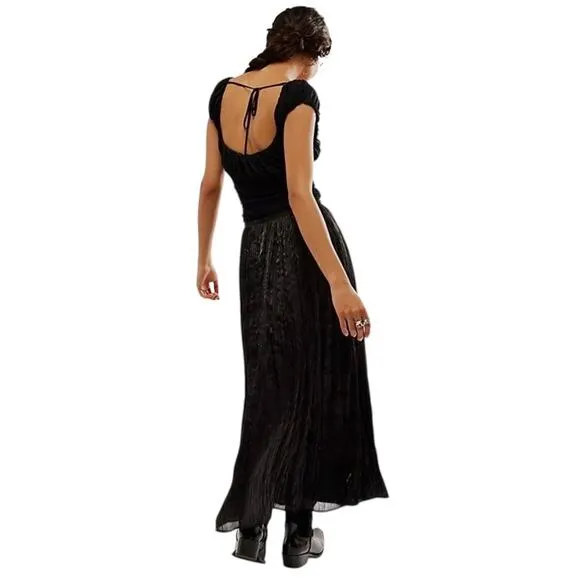 Free People New Vera City Black Pleated Maxi Ankle Skirt with Pockets 8 NWT