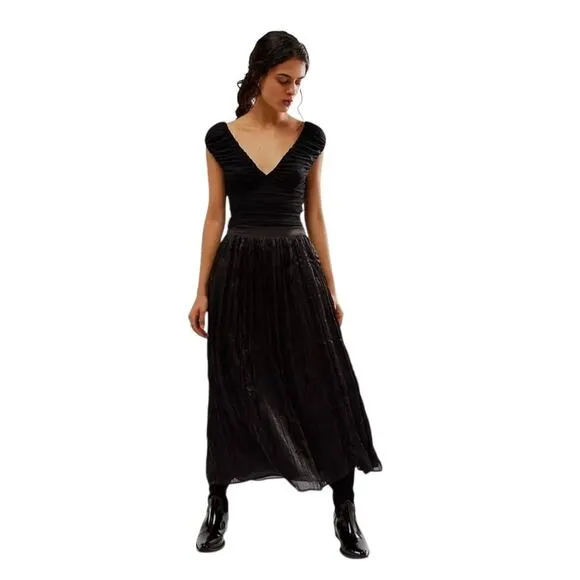 Free People New Vera City Black Pleated Maxi Ankle Skirt with Pockets 8 NWT