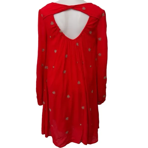 Free People Orange Coral Embroidered Boho Swing Floral Dress Pockets Extra Small