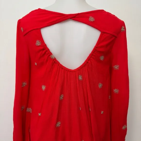 Free People Orange Coral Embroidered Boho Swing Floral Dress Pockets Extra Small