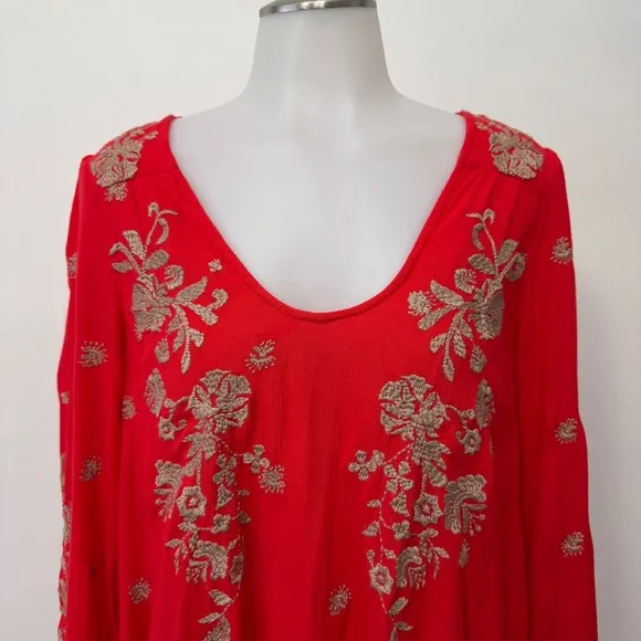 Free People Orange Coral Embroidered Boho Swing Floral Dress Pockets Extra Small