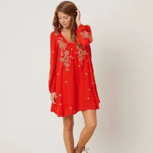 Free People Orange Coral Embroidered Boho Swing Floral Dress Pockets Extra Small